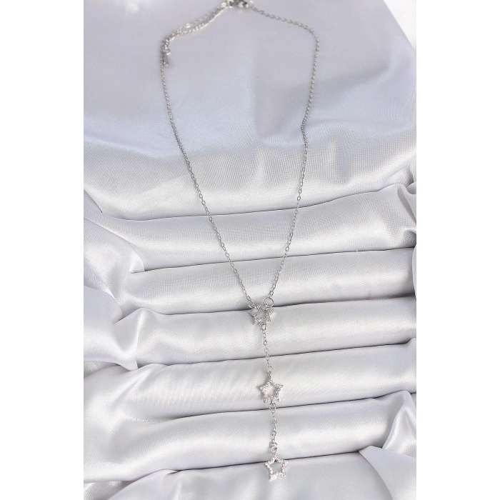 316L Çelik Gümüş Renk Zincir Zirkon Taşlı Yıldız Y Model Kadın Kolye