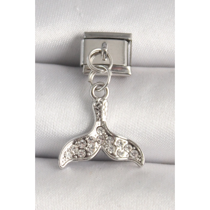 316L Çelik Gümüş Renk Zirkon Taşlı Balık Kuyruğu Model Nomination Charm