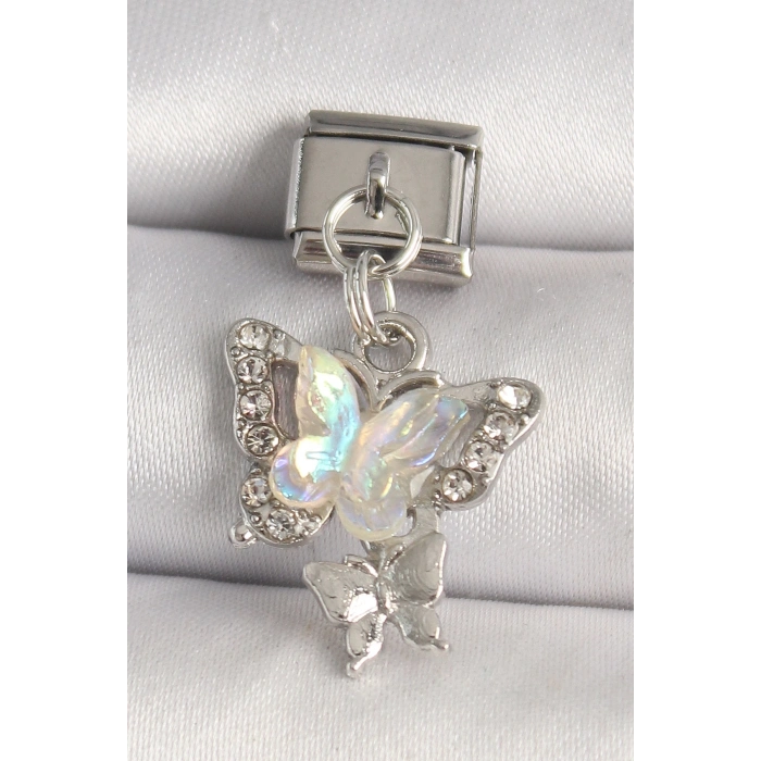 316L Çelik Gümüş Renk Zirkon Taşlı Beyaz Kelebek Model Nomination Charm