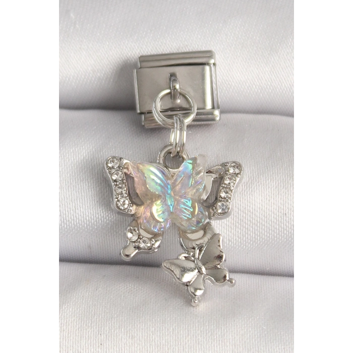 316L Çelik Gümüş Renk Zirkon Taşlı Beyaz Mineli Kelebek Model Kelebek Detay Nomination Charm