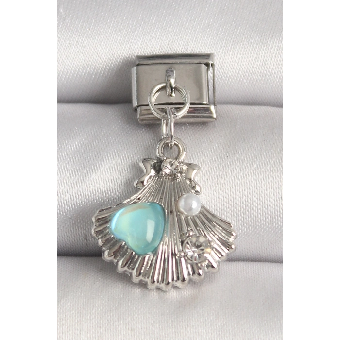 316L Çelik Gümüş Renk Zirkon Taşlı Deniz Kabuğu Model Mavi Mineli Kalp Detay Nomination Charm