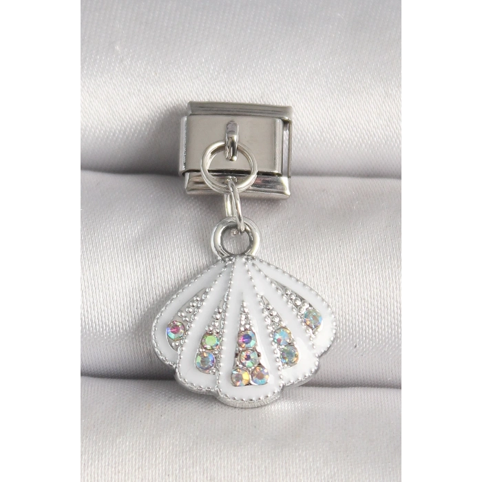 316L Çelik Gümüş Renk Zirkon Taşlı Deniz Kabuğu Model Nomination Charm