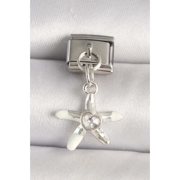 316L Çelik Gümüş Renk Zirkon Taşlı Deniz Yıldız Model Kalp Detay Nomination Charm