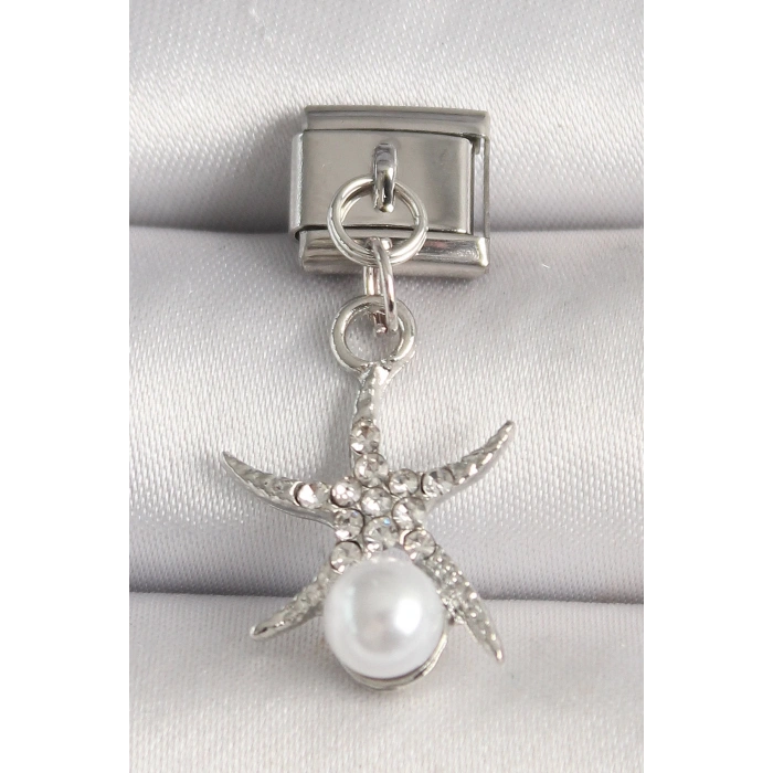316L Çelik Gümüş Renk Zirkon Taşlı Deniz Yıldızı Model İnci Detay Nomination Charm