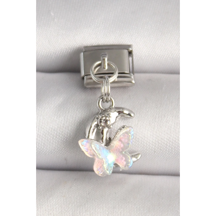 316L Çelik Gümüş Renk Zirkon Taşlı Hilal Beyaz Mineli Kelebek Model Nomintaion Charm