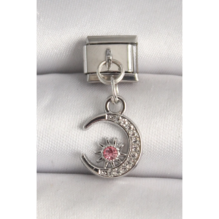 316L Çelik Gümüş Renk Zirkon Taşlı Hilal Model Nomination Charm