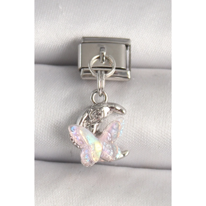 316L Çelik Gümüş Renk Zirkon Taşlı Hilal Pembe Mineli Kelebek Model Nomination Charm