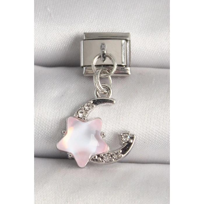 316L Çelik Gümüş Renk Zirkon Taşlı Hilal Pembe Mineli Yıldız Model Nomination Charm