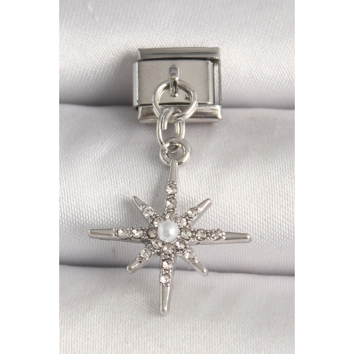 316L Çelik Gümüş Renk Zirkon Taşlı İnci Detay Kuzey Yıldız Model Nomination Charm