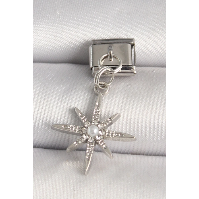 316L Çelik Gümüş Renk Zirkon Taşlı İnci Detay Yıldız Model Nomination Charm