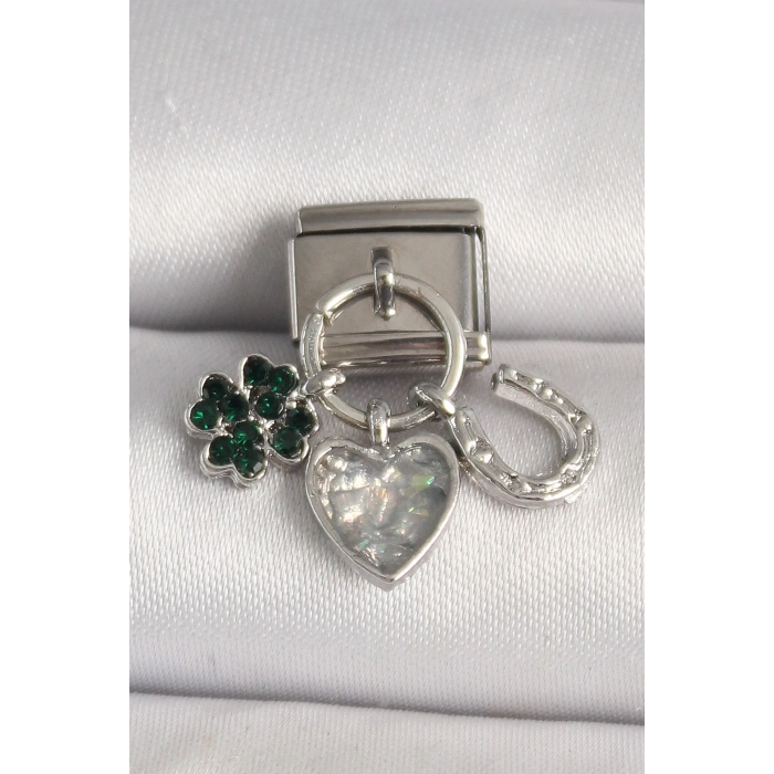 316L Çelik Gümüş Renk Zirkon Taşlı Kalp Yonca Nal Model Nomination Charm