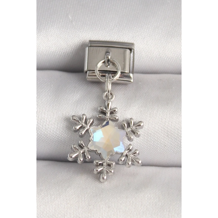 316L Çelik Gümüş Renk Zirkon Taşlı Kar Tanesi Model Nomination Charm