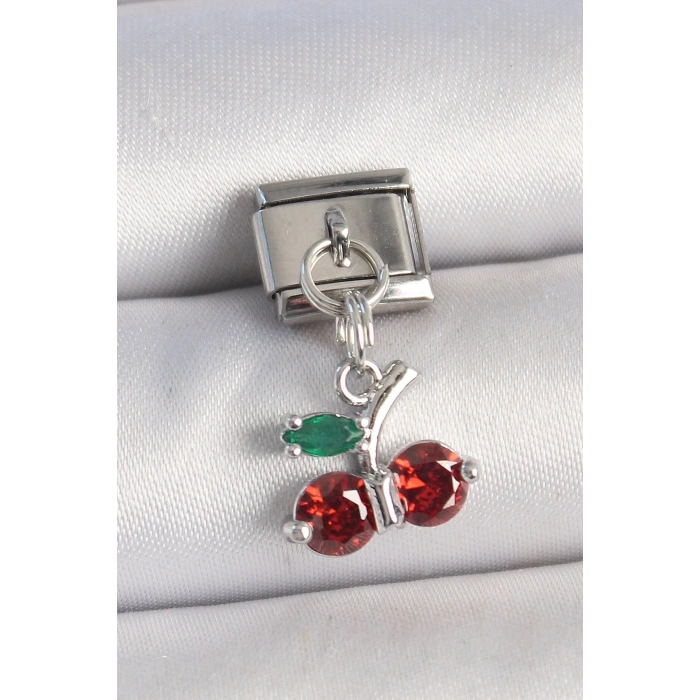 316L Çelik Gümüş Renk Zirkon Taşlı Kiraz Model Nomination Charm