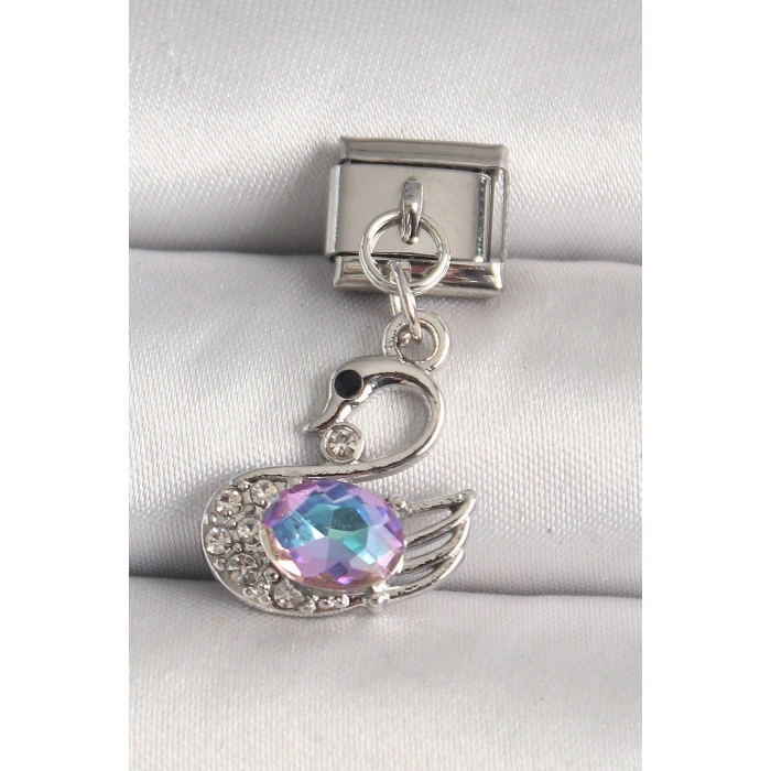 316L Çelik Gümüş Renk Zirkon Taşlı Kuğu Model Nomination Charm