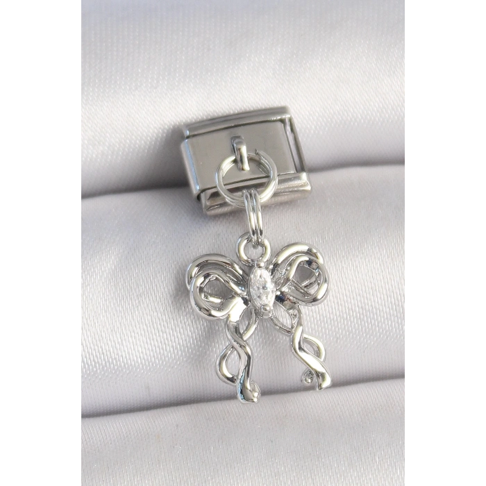 316L Çelik Gümüş Renk Zirkon Taşlı Kurdele Model Nomination Charm