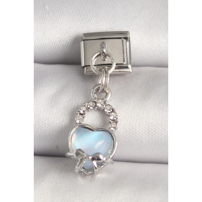 316L Çelik Gümüş Renk Zirkon Taşlı Mavi Kilit Kalp Model Nomination Charm