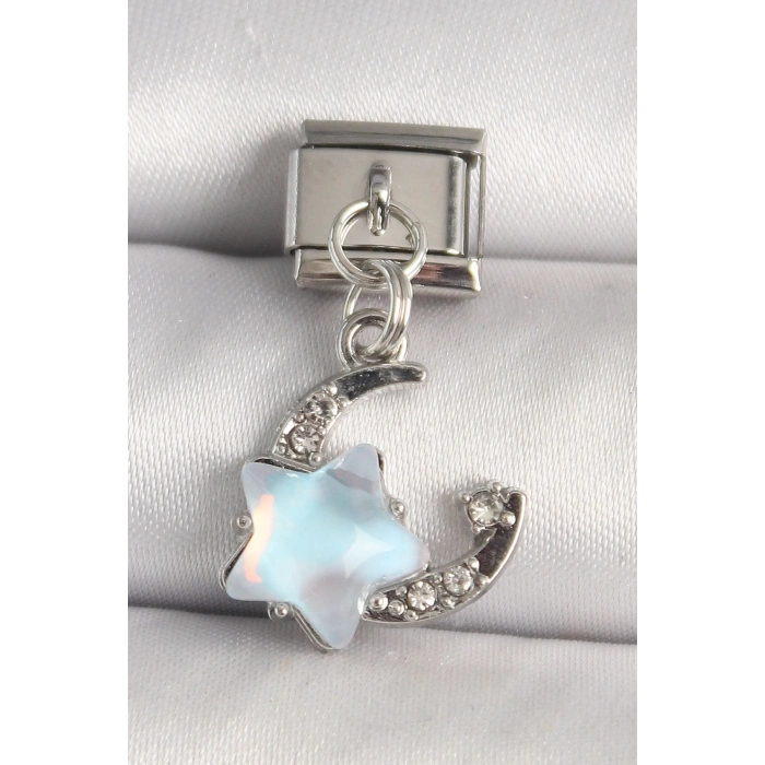 316L Çelik Gümüş Renk Zirkon Taşlı Mavi Mineli Yıldız Model Nomination Charm