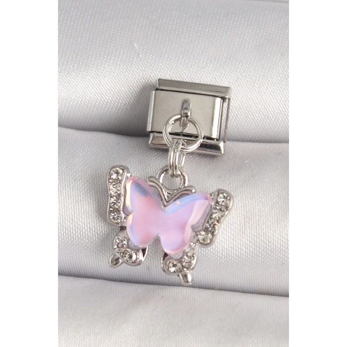 316L Çelik Gümüş Renk Zirkon Taşlı Pembe Kelebek Model Nomination Charm