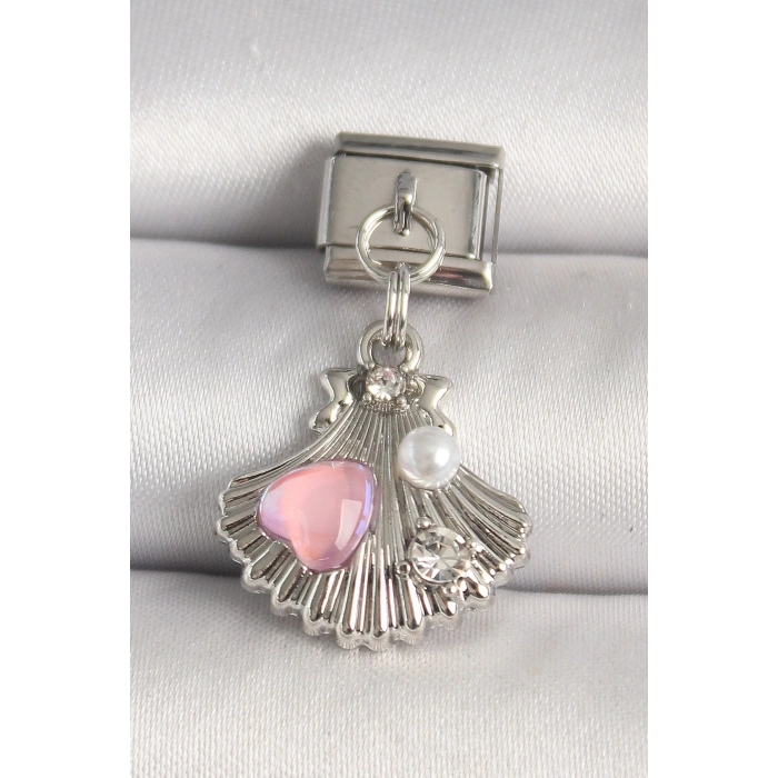316L Çelik Gümüş Renk Zirkon Taşlı Pembe Mineli Kalp Detay Nomination Charm