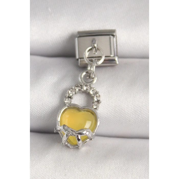 316L Çelik Gümüş Renk Zirkon Taşlı Sarı Kilit Kalp Model Nomination Charm