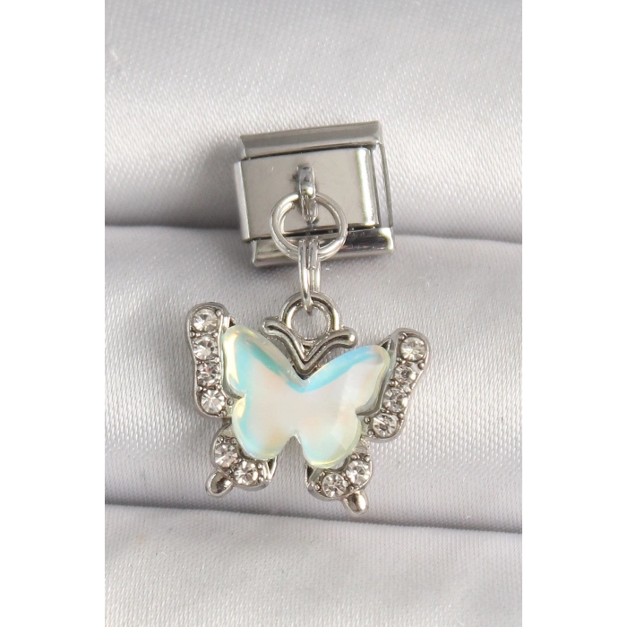 316L Çelik Gümüş Renk Zirkon Taşlı Sarı Mineli Kelebek Model Nomination Charm