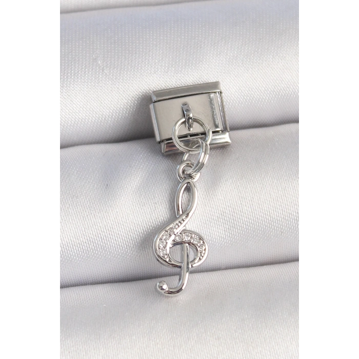 316L Çelik Gümüş Renk Zirkon Taşlı Sol Anahtar Model Nomination Charm