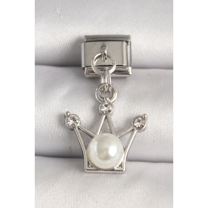 316L Çelik Gümüş Renk Zirkon Taşlı Taç Model İnci Detay Nomination Charm