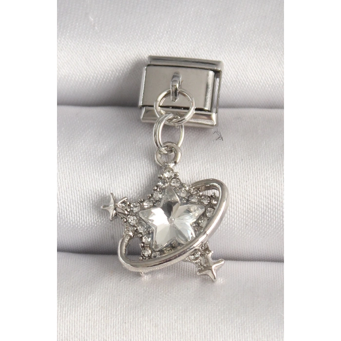 316L Çelik Gümüş Renk Zirkon Taşlı Yıldız Model Nomination Charm