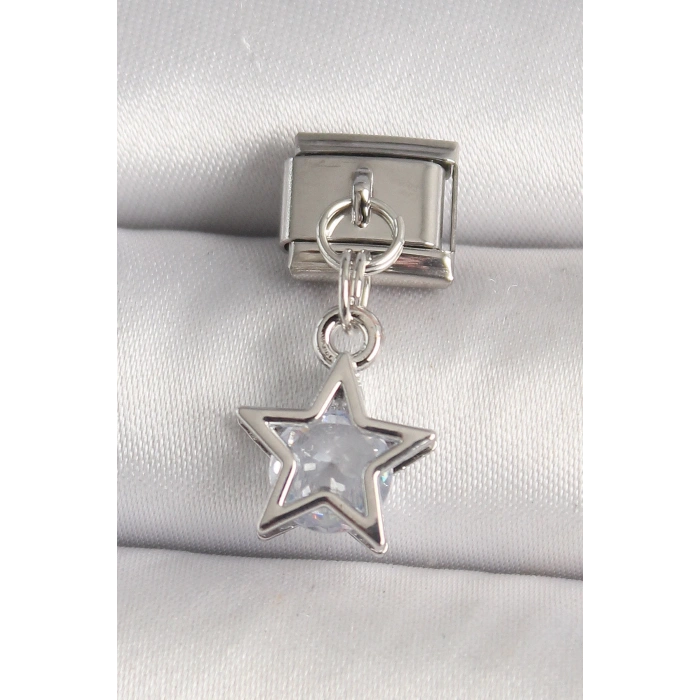 316L Çelik Gümüş Renk Zirkon Taşlı Yıldız Model Nomination Charm