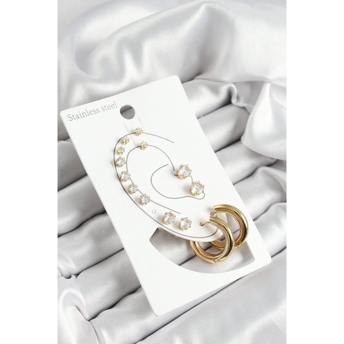 316L Çelik Halka Figürlü Ve Zirkon Taşlı Gold Renk 7li Çift Kadın Küpe Set