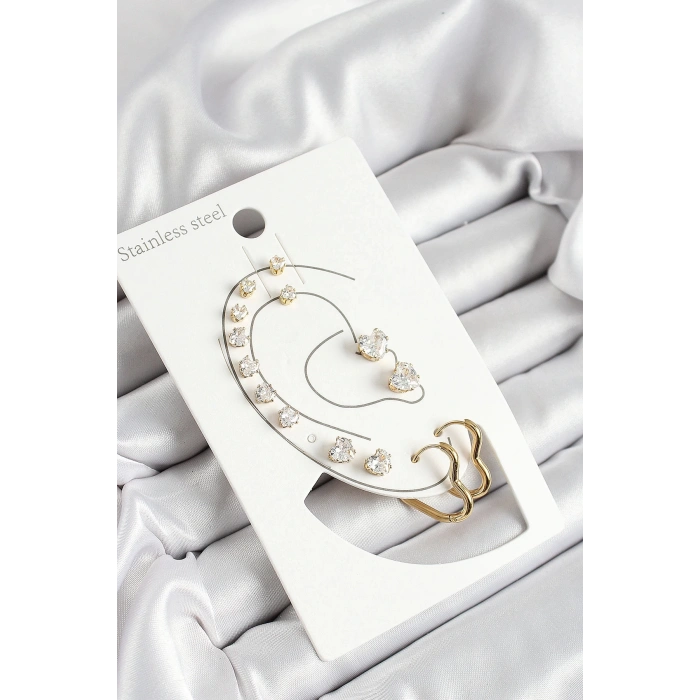 316L Çelik Kalp Figürlü Ve Zirkon Taşlı Gold Renk 7li Çift Kadın Küpe Set