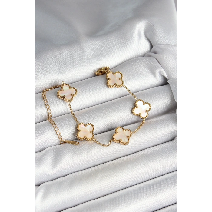 316L Çelik Sedefli Kırık Beyaz Gold Renk Yonca Kadın Bileklik