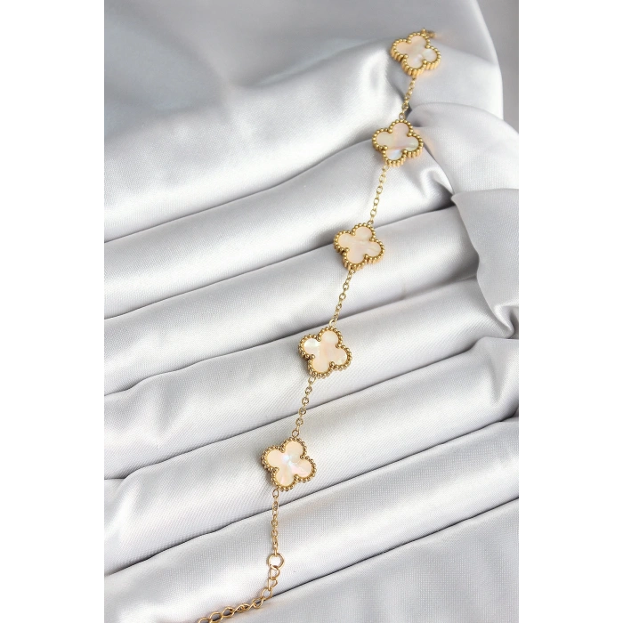 316L Çelik Sedefli Kırık Beyaz Gold Renk Yonca Kadın Bileklik