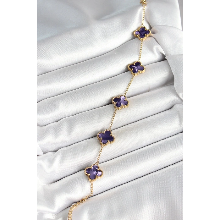 316L Çelik Sedefli Mor Gold Renk Yonca Kadın Bileklik