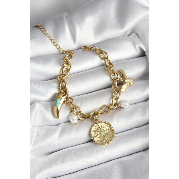 316L Çelik Yonca Fil Dişi ve Kuş Figürlü İnci Detaylı Sallantılı Gold Renk Kadın Bileklik