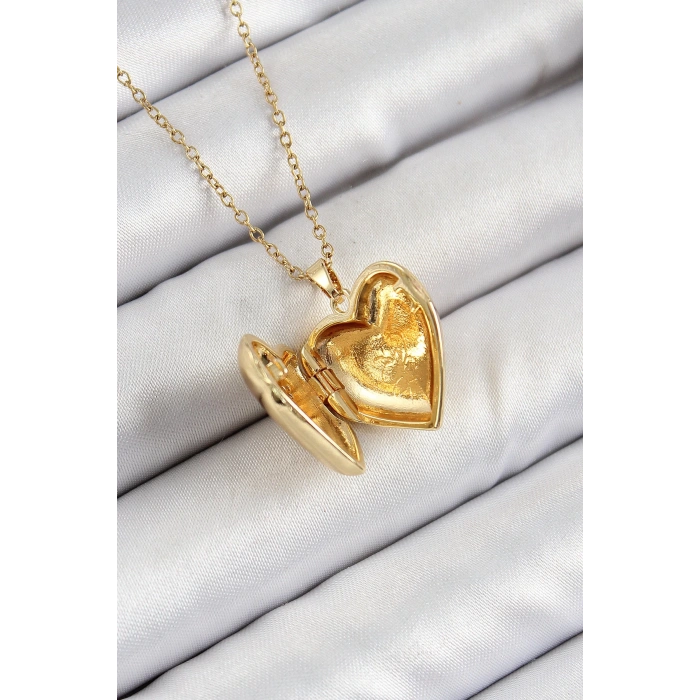 316L Çelik Zincir Açılabilir Kelebek Figürlü Kalp Model Zirkon Taşlı Gold Renk Kadın Kolye