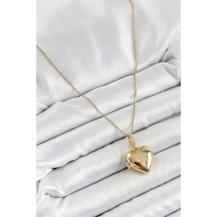 316L Çelik Zincir Açılabilir Yıldız Figürlü Kalp Model Zirkon Taşlı Gold Renk Kadın Kolye