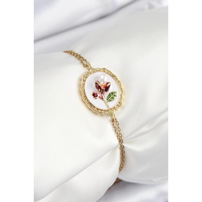 316L Çelik Zincir Beyaz Mineli Sanatsal Portre İnci Detaylı Lale Model Gold Renk Kadın Bileklik