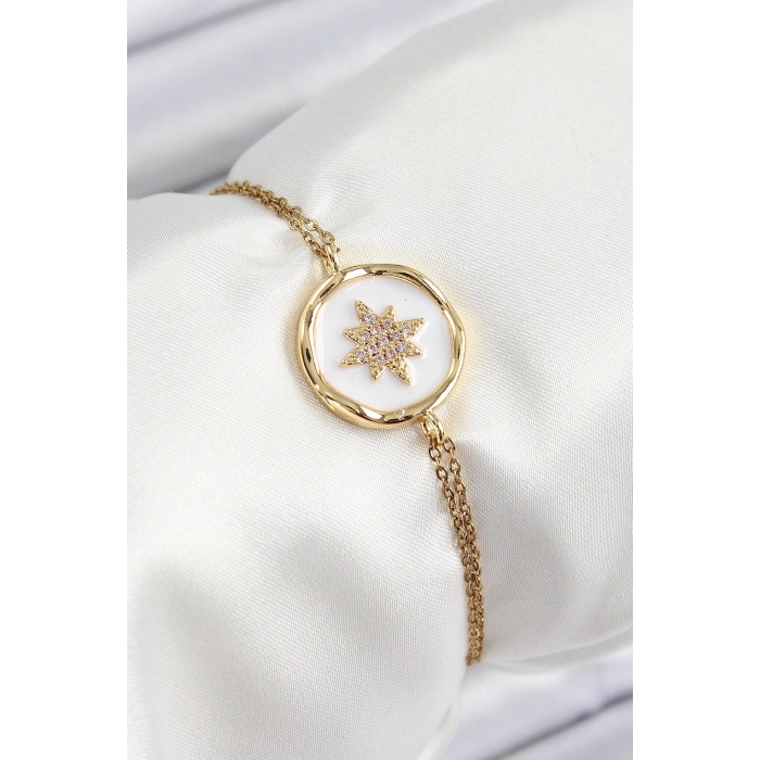 316L Çelik Zincir Beyaz Mineli Sanatsal Portre Kuzey Yıldızı Model Gold Renk Kadın Bileklik