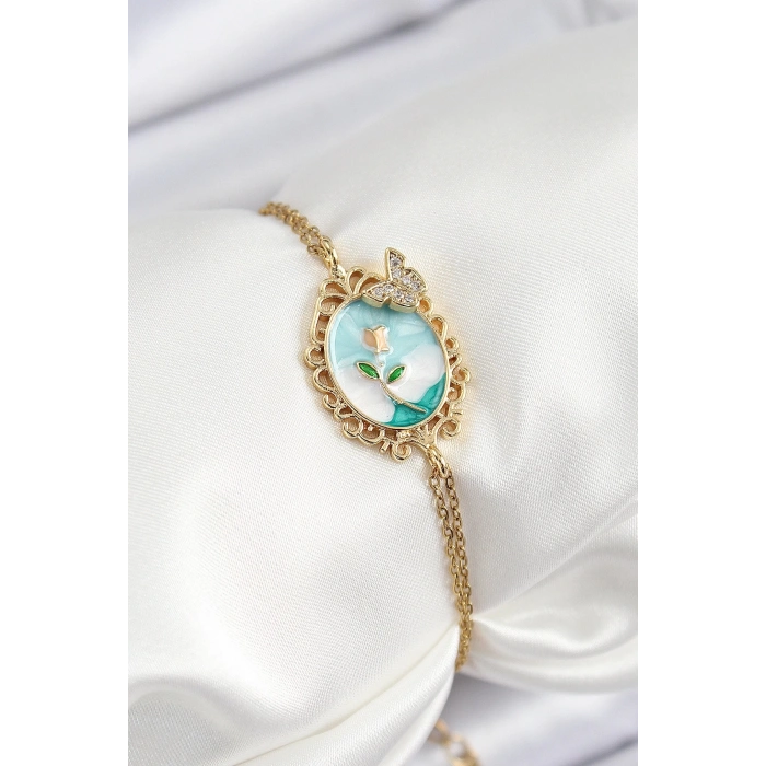 316L Çelik Zincir Mineli Sanatsal Portre Zirkon Taşlı Kelebek Detaylı Çiçek Model Gold Renk Kadın Bileklik