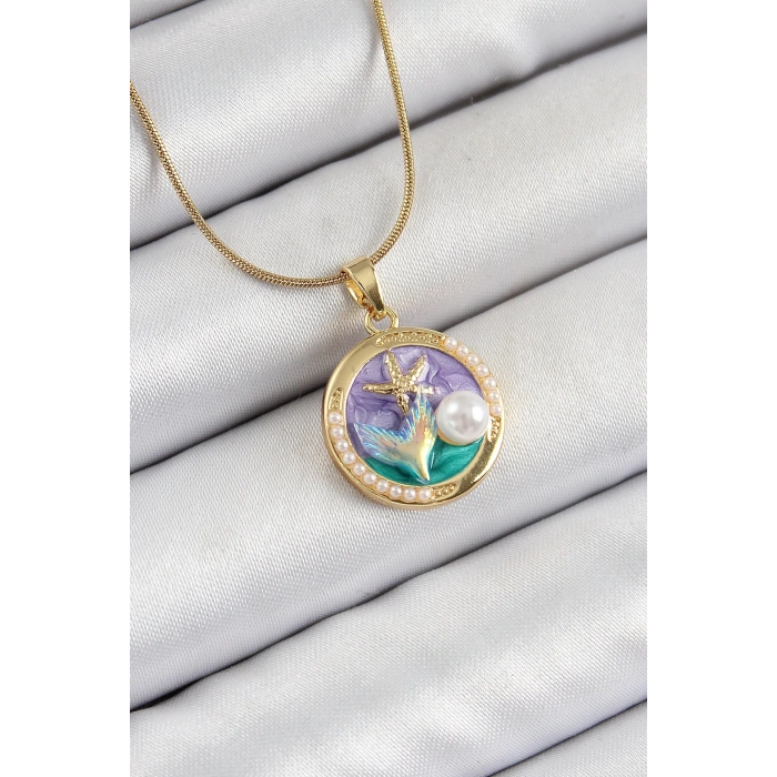 316L Çelik Zincir Mor Mineli Sanatsal Portre İnci Detaylı Deniz Yılıdızı Model Gold Renk Kadın Kolye