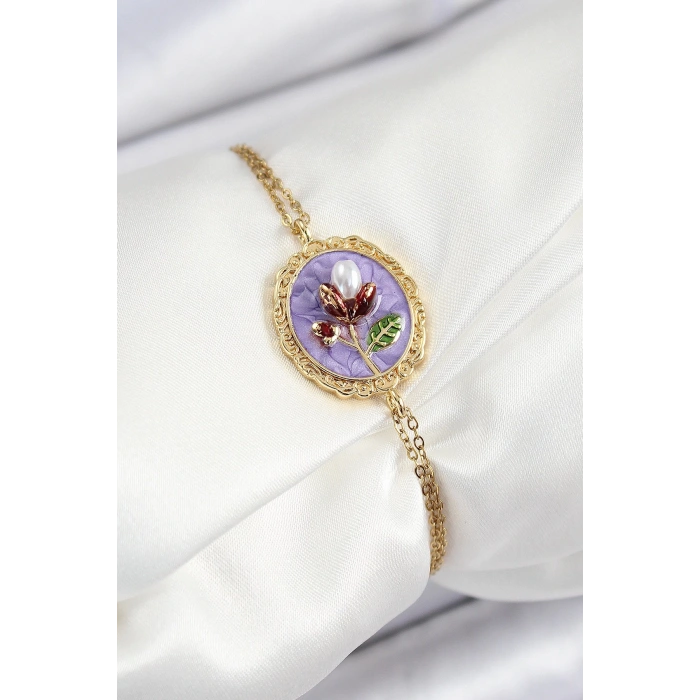 316L Çelik Zincir Mor Mineli Sanatsal Portre İnci Detaylı Lale Model Gold Renk Kadın Bileklik