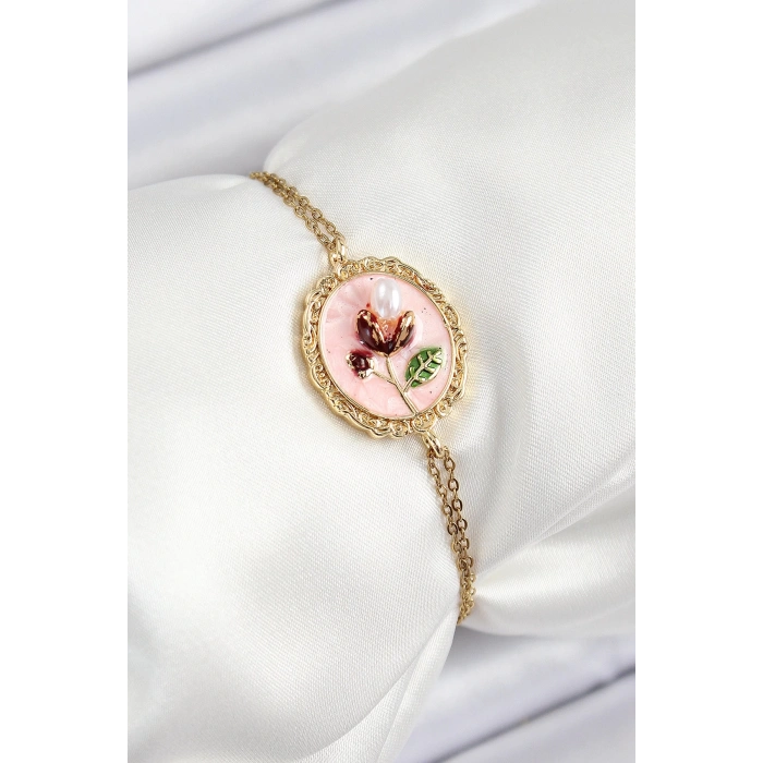 316L Çelik Zincir Pembe Mineli Sanatsal Portre İnci Detaylı Lale Model Gold Renk Kadın Bileklik