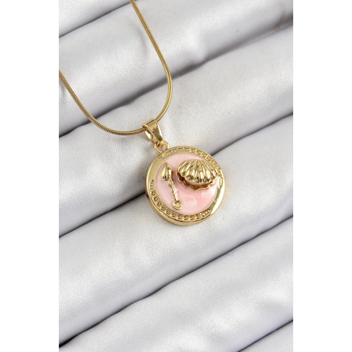 316L Çelik Zincir Pembe Mineli Sanatsal Portre İstiridye Model Gold Renk Kadın Kolye