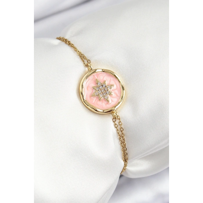 316L Çelik Zincir Pembe Mineli Sanatsal Portre Kuzey Yıldızı Model Gold Renk Kadın Bileklik