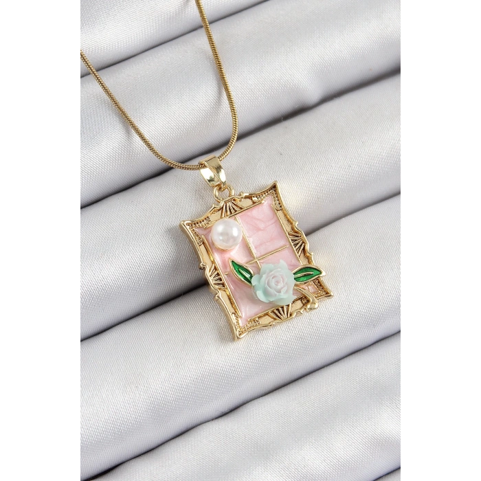 316L Çelik Zincir Pembe Sanatsal Portre İnci Detaylı Gül Figürlü Model Gold Renk Kadın Kolye