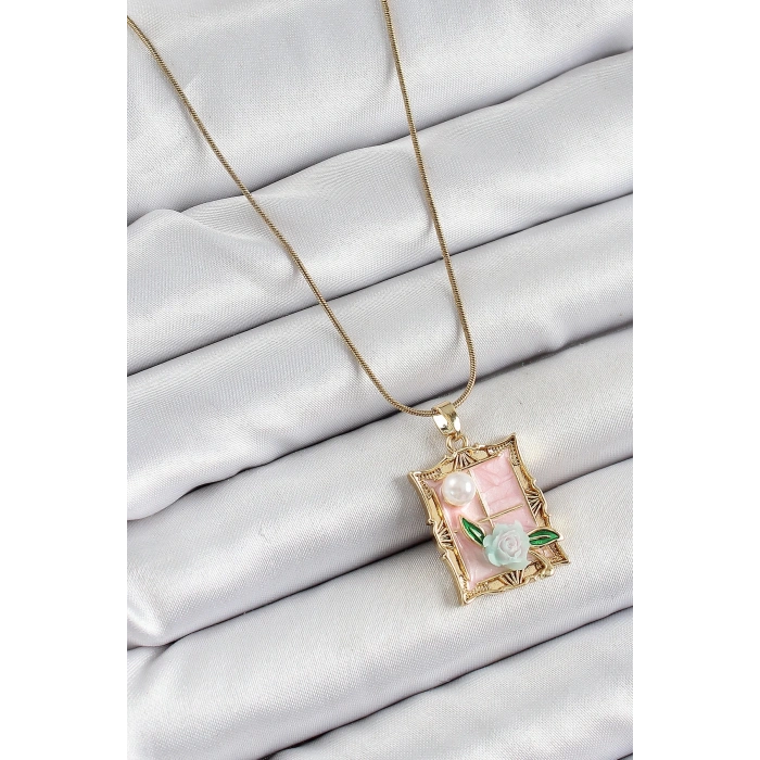 316L Çelik Zincir Pembe Sanatsal Portre İnci Detaylı Gül Figürlü Model Gold Renk Kadın Kolye