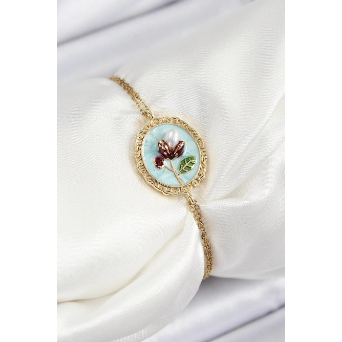 316L Çelik Zincir Turkuaz Mineli Sanatsal Portre İnci Detaylı Lale Model Gold Renk Kadın Bileklik