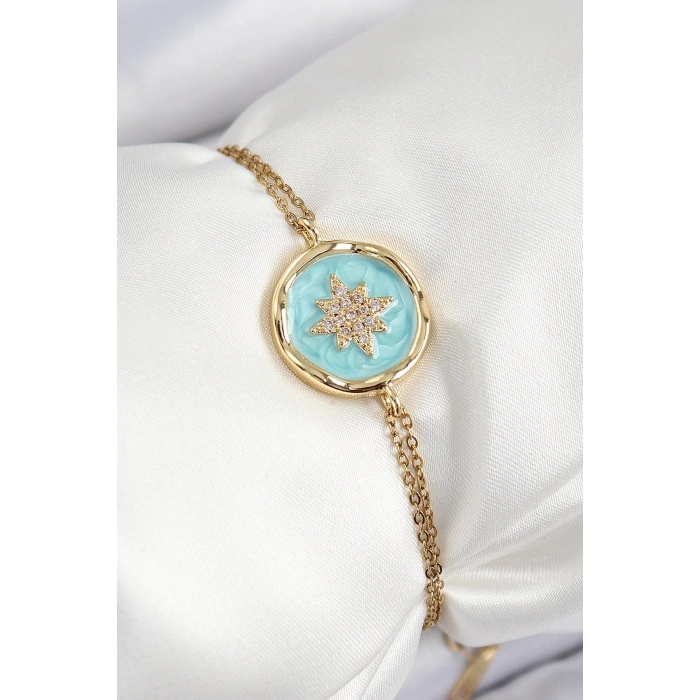 316L Çelik Zincir Turkuaz Mineli Sanatsal Portre Kuzey Yıldızı Model Gold Renk Kadın Bileklik