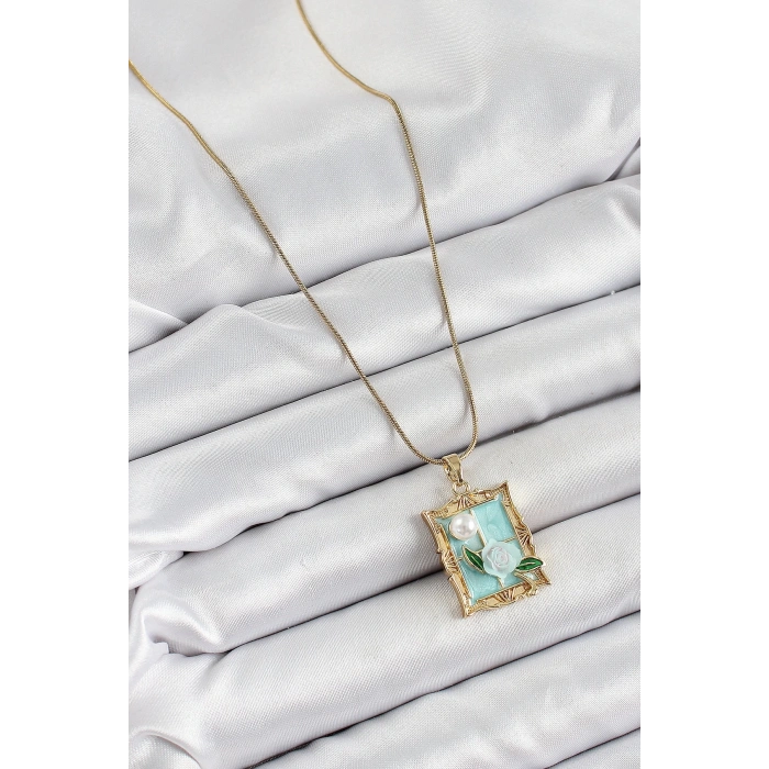 316L Çelik Zincir Turkuaz Sanatsal Portre İnci Detaylı Gül Figürlü Model Gold Renk Kadın Kolye